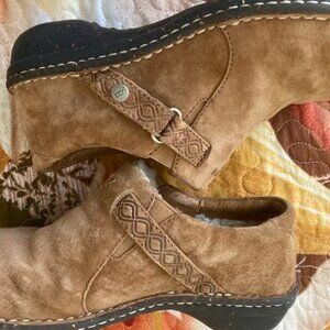 UGG Oleander Brown Tan Suede Leather Shearling Slip On Women's Rustic Shoes 7